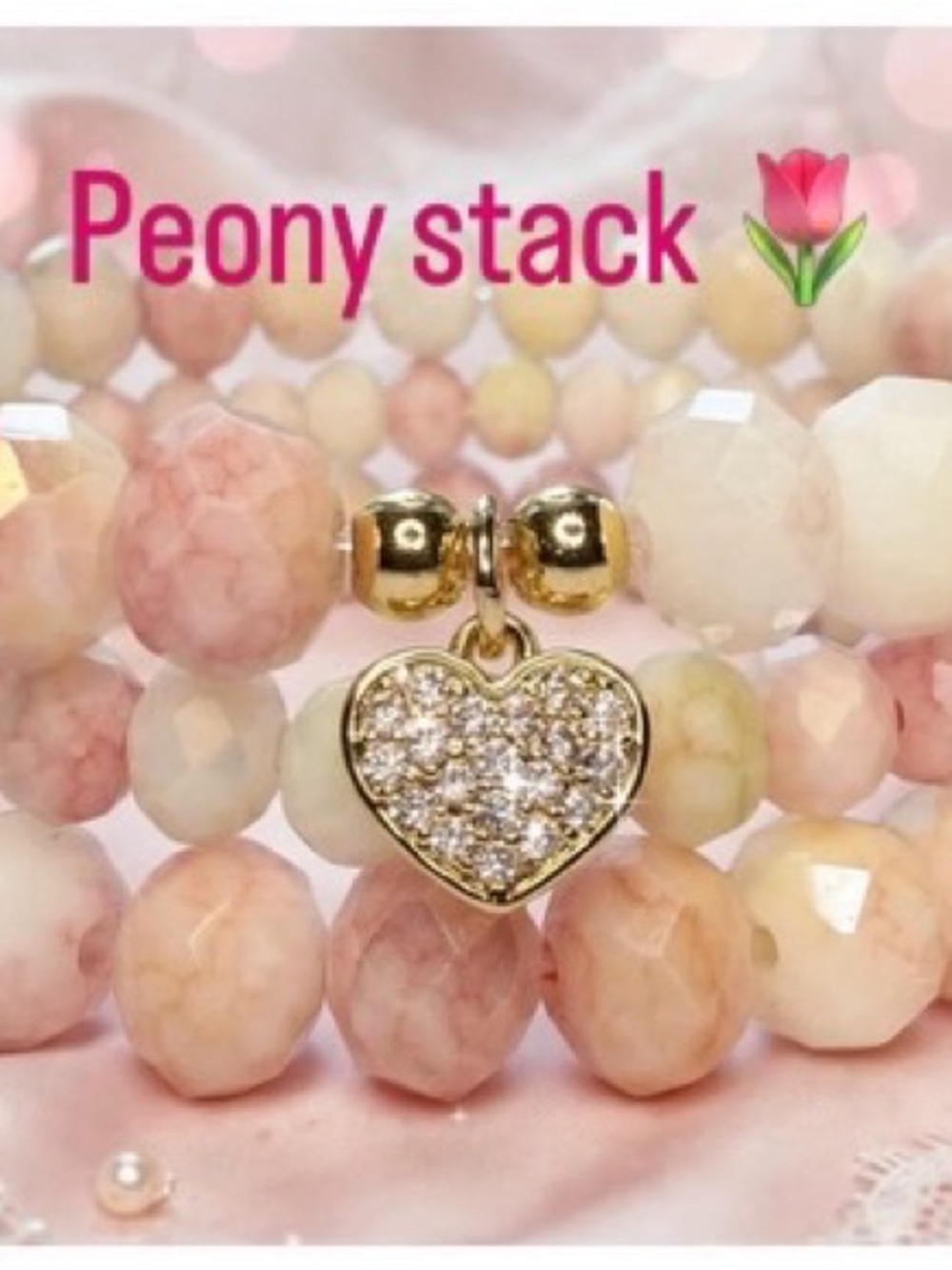 Peony Stack Pink and Cream Beaded Bracelet with Gold Heart Charm